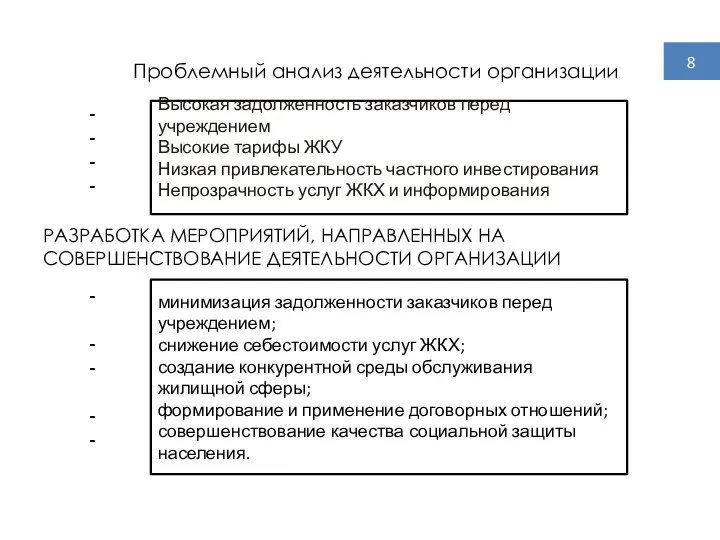 8 Проблемный анализ деятельности организации - - - - Высокая задолженность