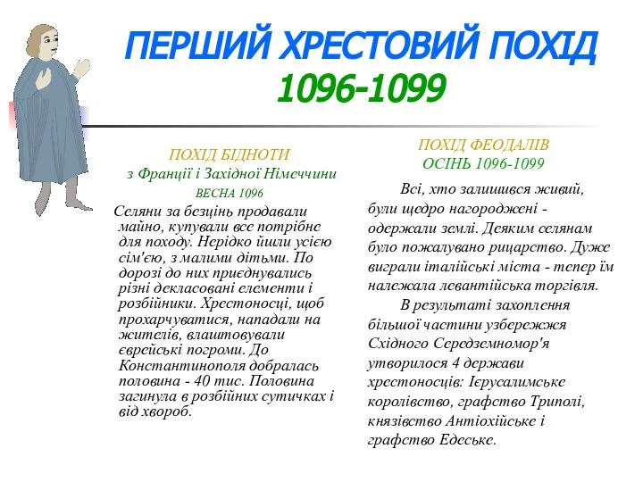 ПЕРШИЙ ХРЕСТОВИЙ ПОХIД 1096-1099 ПОХІД БІДНОТИ з Франції і Західної Німеччини