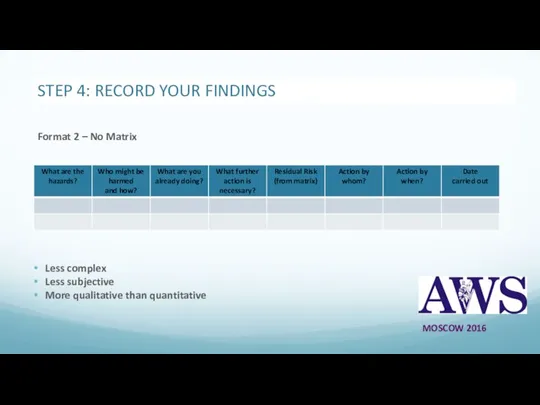 STEP 4: RECORD YOUR FINDINGS Less complex Less subjective More qualitative