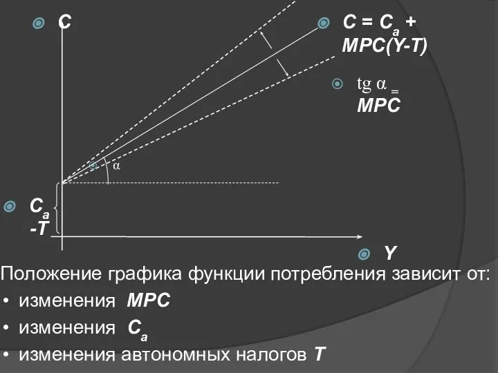 Положение графика функции потребления зависит от: изменения MPC изменения Са изменения автономных налогов T