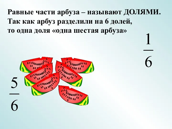 Равные части арбуза – называют ДОЛЯМИ. Так как арбуз разделили на