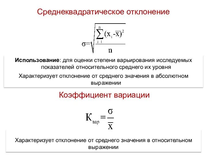 Использование: для оценки степени варьирования исследуемых показателей относительного среднего их уровня