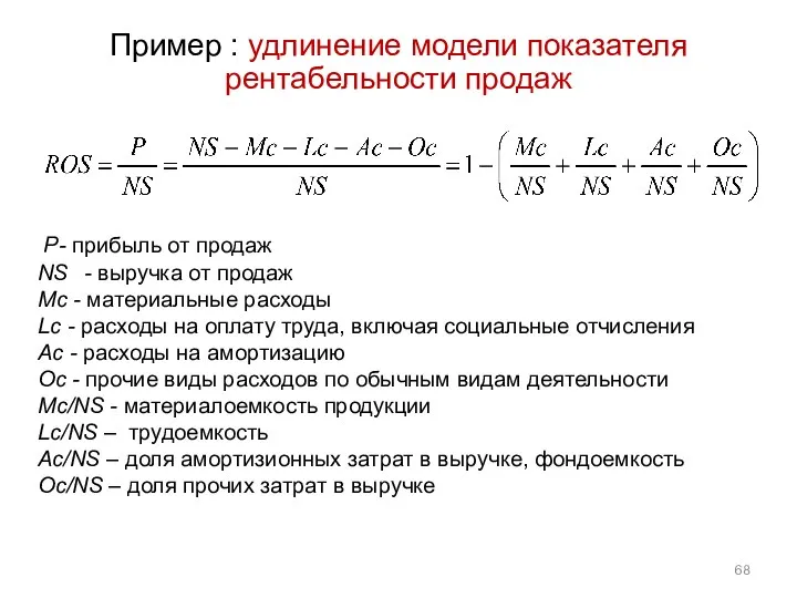 Пример : удлинение модели показателя рентабельности продаж P- прибыль от продаж