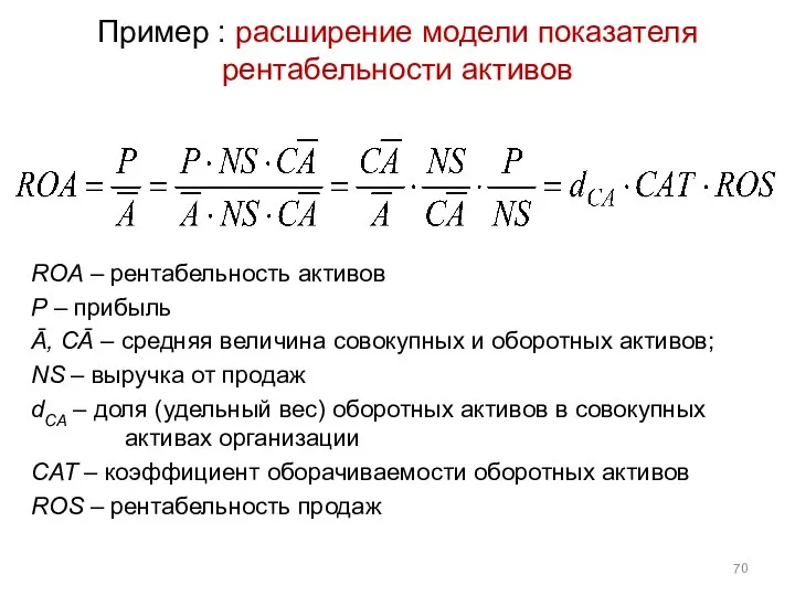 Пример : расширение модели показателя рентабельности активов ROA – рентабельность активов