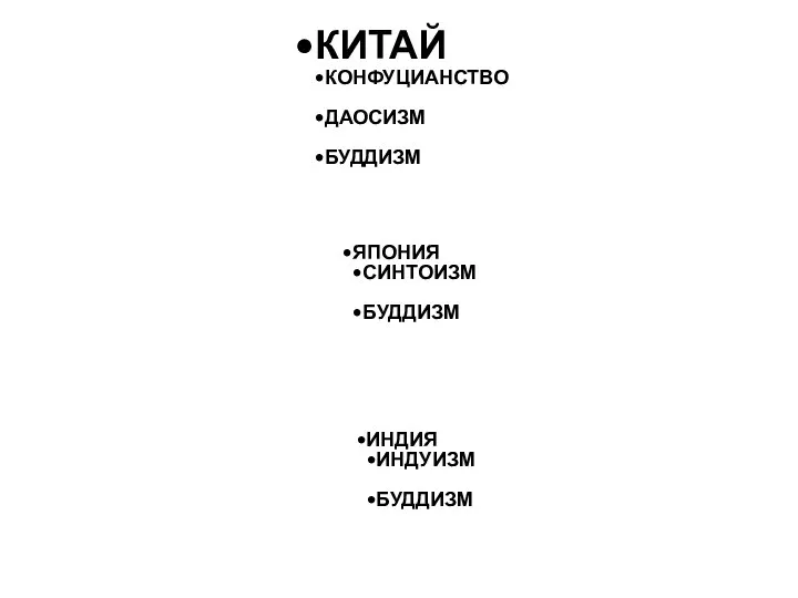 КИТАЙ КОНФУЦИАНСТВО ДАОСИЗМ БУДДИЗМ ЯПОНИЯ СИНТОИЗМ БУДДИЗМ ИНДИЯ ИНДУИЗМ БУДДИЗМ