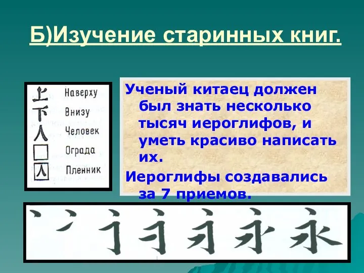 Б)Изучение старинных книг. Ученый китаец должен был знать несколько тысяч иероглифов,