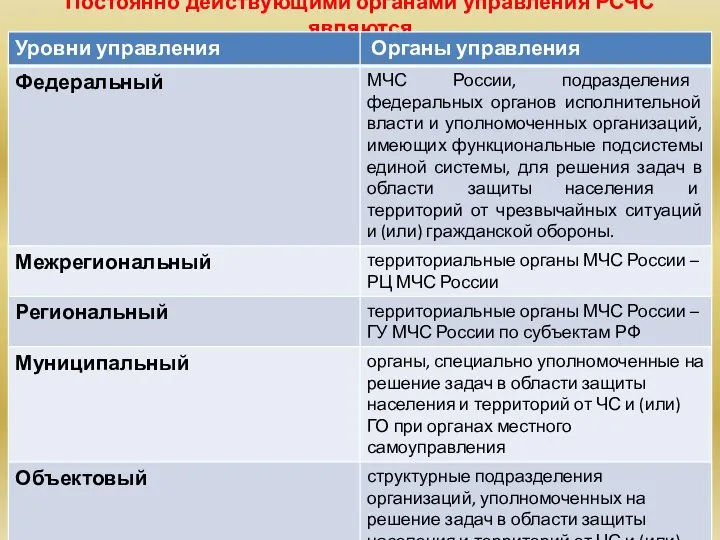 Постоянно действующими органами управления РСЧС являются