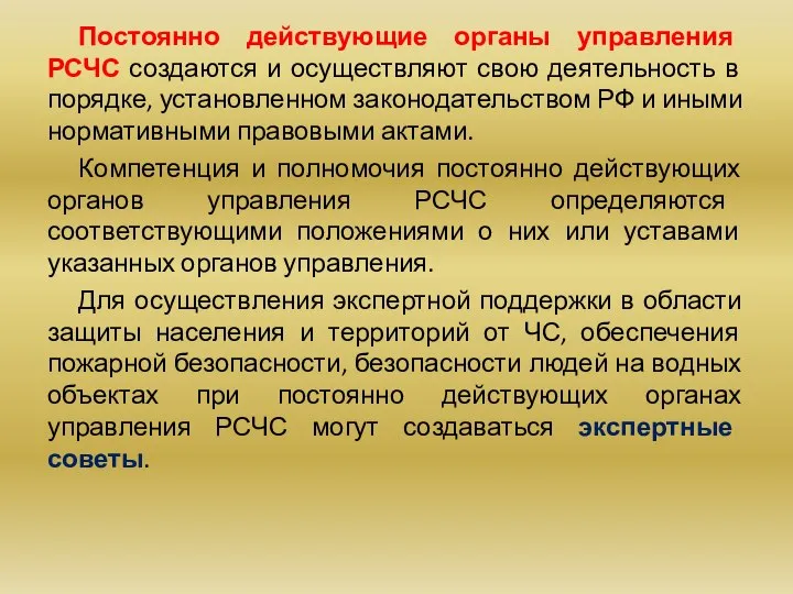 Постоянно действующие органы управления РСЧС создаются и осуществляют свою деятельность в