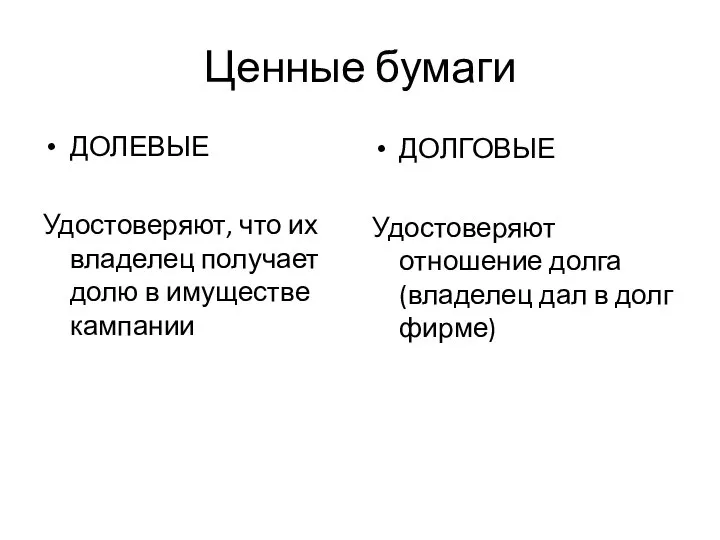 Ценные бумаги ДОЛЕВЫЕ Удостоверяют, что их владелец получает долю в имуществе