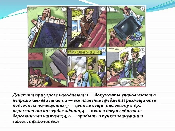 Действия при угрозе наводнения: 1 — документы упаковывают в непромокаемый пакет;