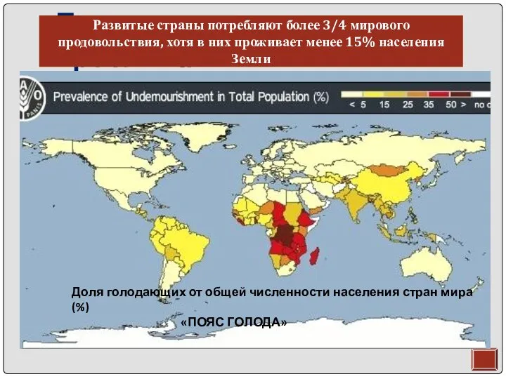 Продовольственная проблема Развитые страны потребляют более 3/4 мирового продовольствия, хотя в