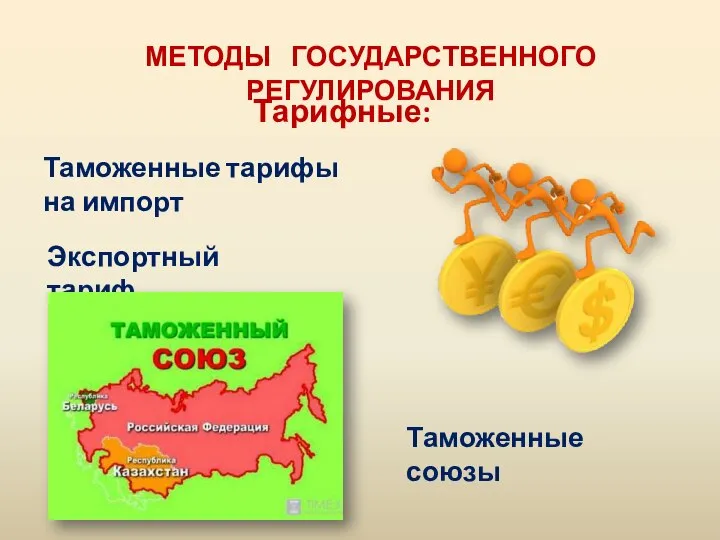 МЕТОДЫ ГОСУДАРСТВЕННОГО РЕГУЛИРОВАНИЯ Тарифные: Таможенные тарифы на импорт Экспортный тариф Таможенные союзы