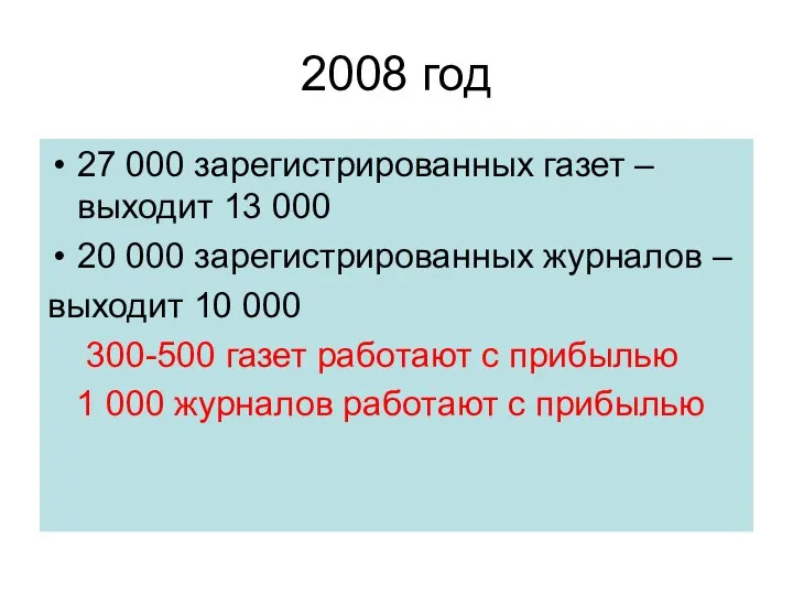 2008 год 27 000 зарегистрированных газет – выходит 13 000 20