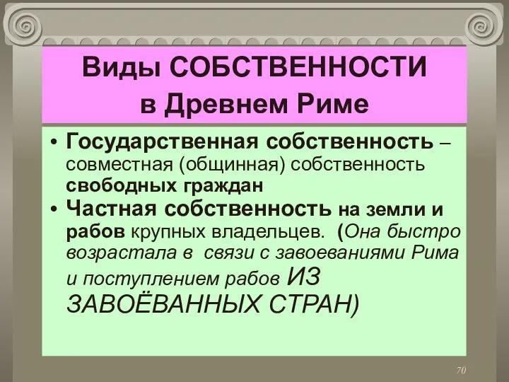 Виды СОБСТВЕННОСТИ в Древнем Риме Государственная собственность –совместная (общинная) собственность свободных