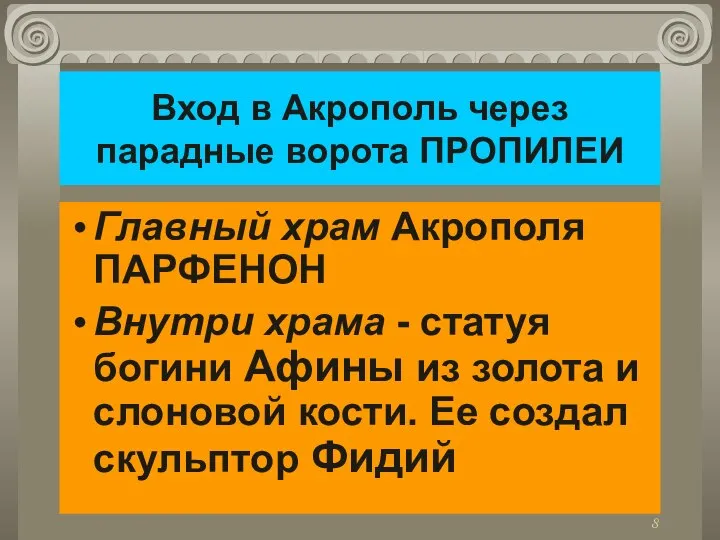 Вход в Акрополь через парадные ворота ПРОПИЛЕИ Главный храм Акрополя ПАРФЕНОН