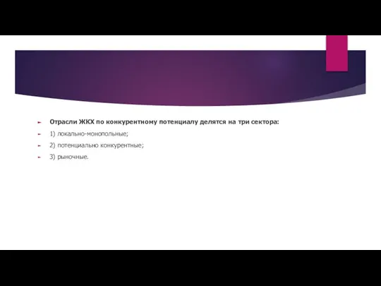 Отрасли ЖКХ по конкурентному потенциалу делятся на три сектора: 1) локально-монопольные; 2) потенциально конкурентные; 3) рыночные.