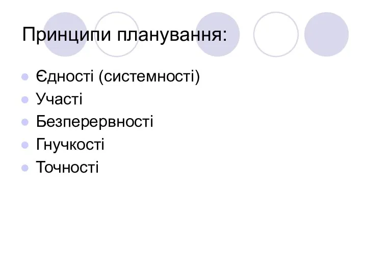 Принципи планування: Єдності (системності) Участі Безперервності Гнучкості Точності