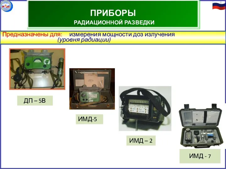 ПРИБОРЫ РАДИАЦИОННОЙ РАЗВЕДКИ Предназначены для: измерения мощности доз излучения (уровня радиации)