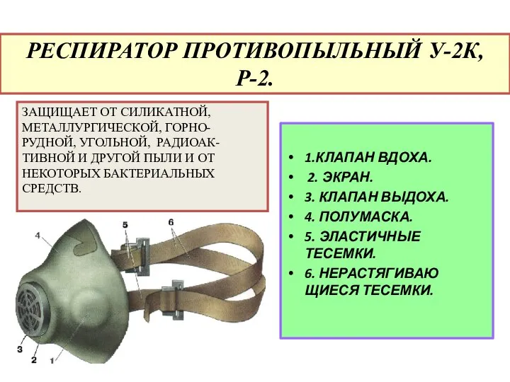 РЕСПИРАТОР ПРОТИВОПЫЛЬНЫЙ У-2К, Р-2. 1.КЛАПАН ВДОХА. 2. ЭКРАН. 3. КЛАПАН ВЫДОХА.