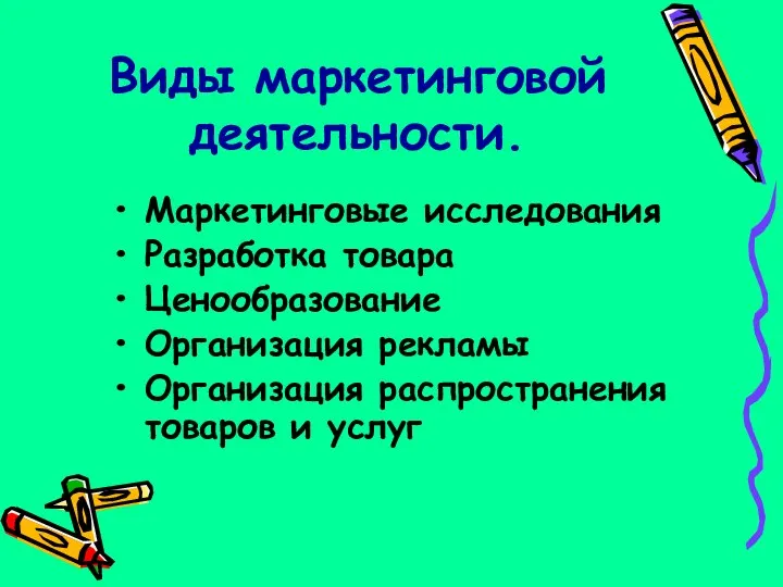 Виды маркетинговой деятельности. Маркетинговые исследования Разработка товара Ценообразование Организация рекламы Организация распространения товаров и услуг