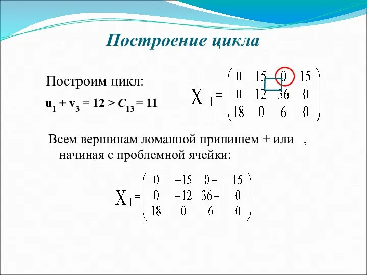 Построим цикл: Построение цикла u1 + v3 = 12 > C13