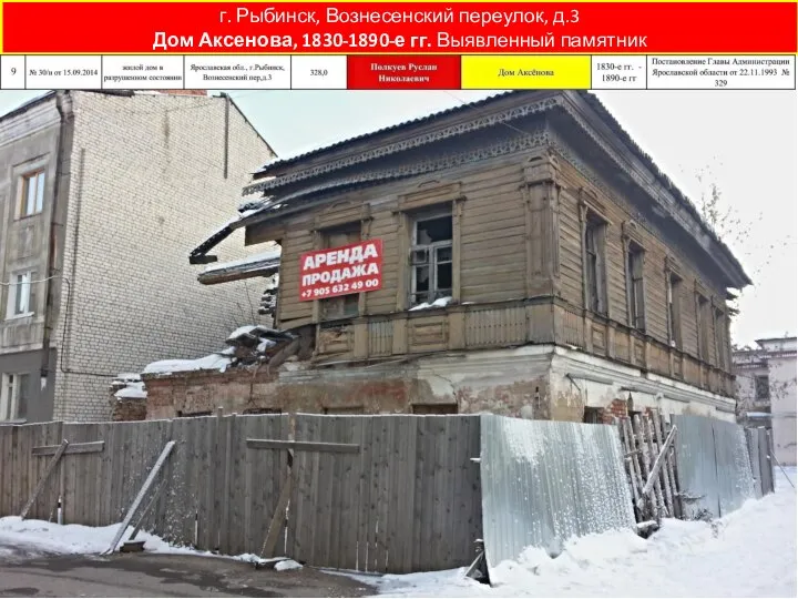 г. Рыбинск, Вознесенский переулок, д.3 Дом Аксенова, 1830-1890-е гг. Выявленный памятник