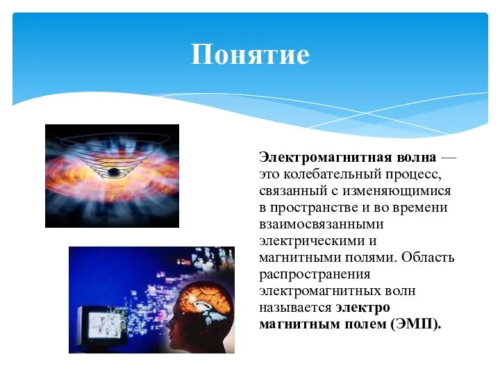 Понятие Электромагнитная волна — это колебательный процесс, свя­занный с изменяющимися в