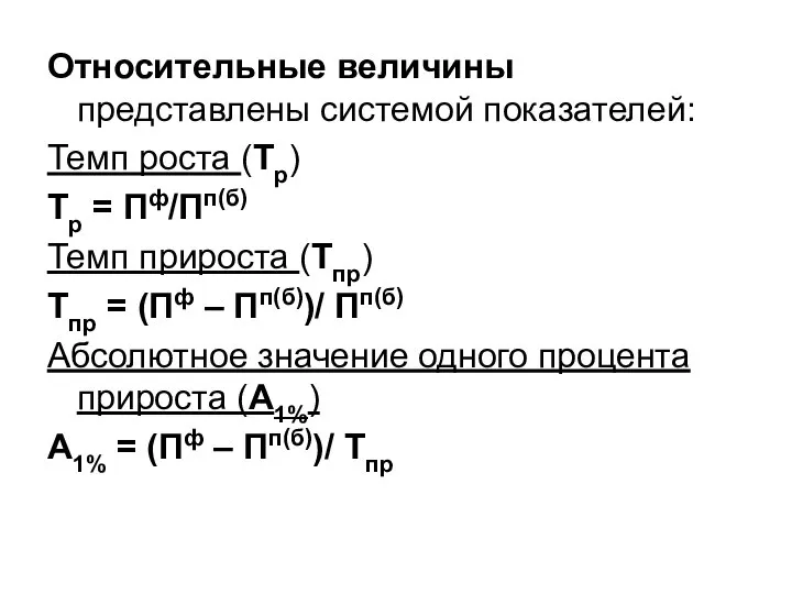 Относительные величины представлены системой показателей: Темп роста (Тр) Тр = Пф/Пп(б)