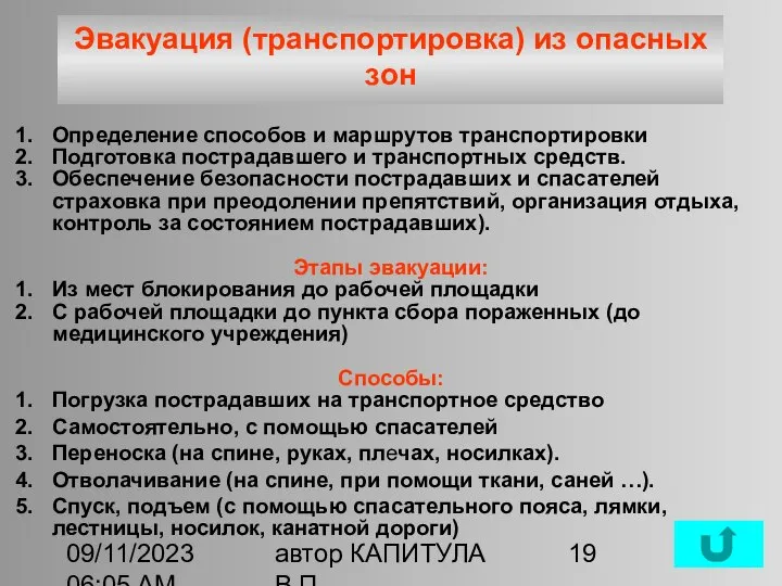 09/11/2023 06:05 AM автор КАПИТУЛА В.П. Эвакуация (транспортировка) из опасных зон