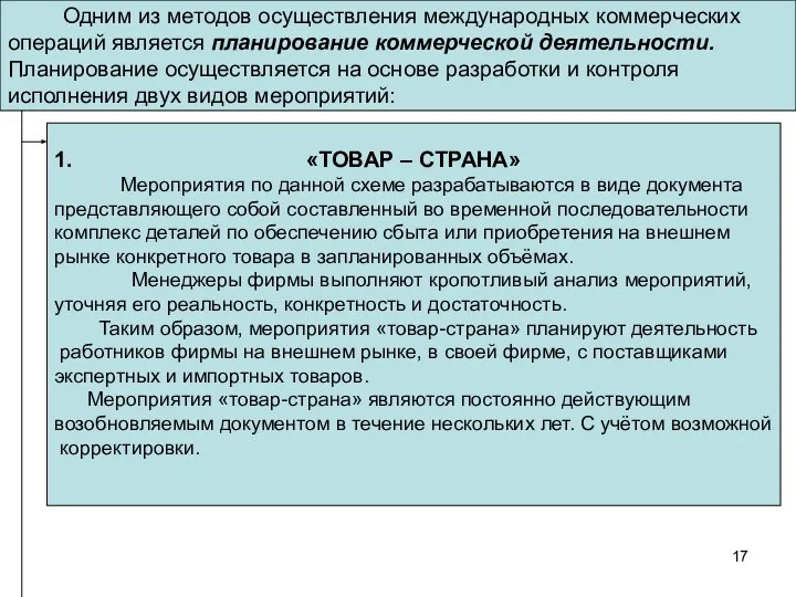 Одним из методов осуществления международных коммерческих операций является планирование коммерческой деятельности.