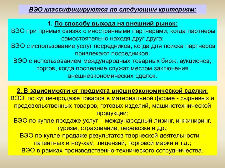 ВЭО классифицируются по следующим критериям: 1. По способу выхода на внешний