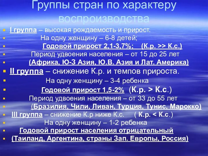 Группы стран по характеру воспроизводства I группа – высокая рождаемость и