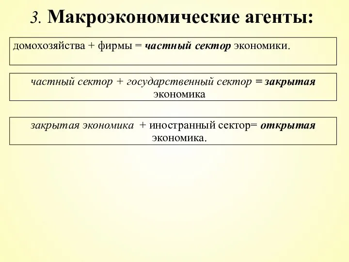 домохозяйства + фирмы = частный сектор экономики. 3. Макроэкономические агенты: частный