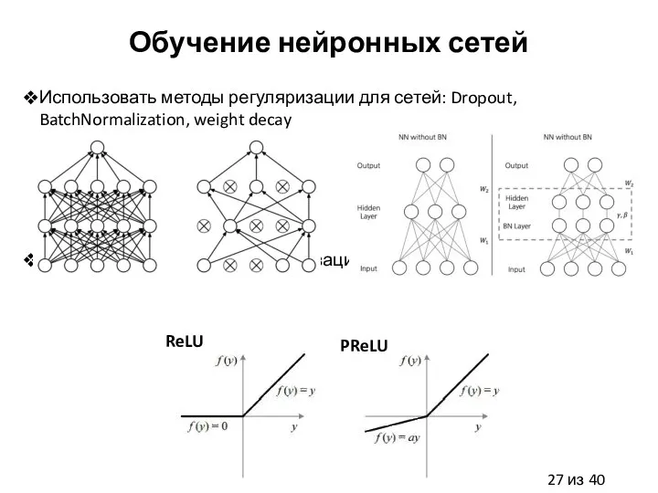 Обучение нейронных сетей Использовать методы регуляризации для сетей: Dropout, BatchNormalization, weight