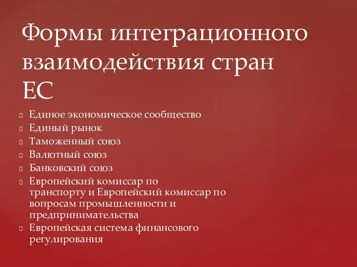 Единое экономическое сообщество Единый рынок Таможенный союз Валютный союз Банковский союз