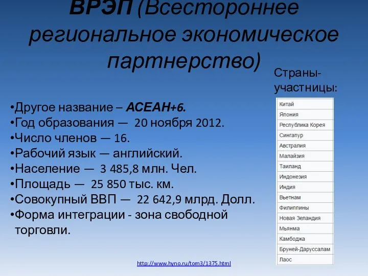 ВРЭП (Всестороннее региональное экономическое партнерство) http://www.hyno.ru/tom3/1375.html Другое название – АСЕАН+6. Год