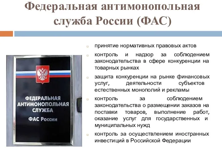 Федеральная антимонопольная служба России (ФАС) принятие нормативных правовых актов контроль и