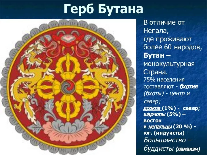 Герб Бутана В отличие от Непала, где проживают более 60 народов,