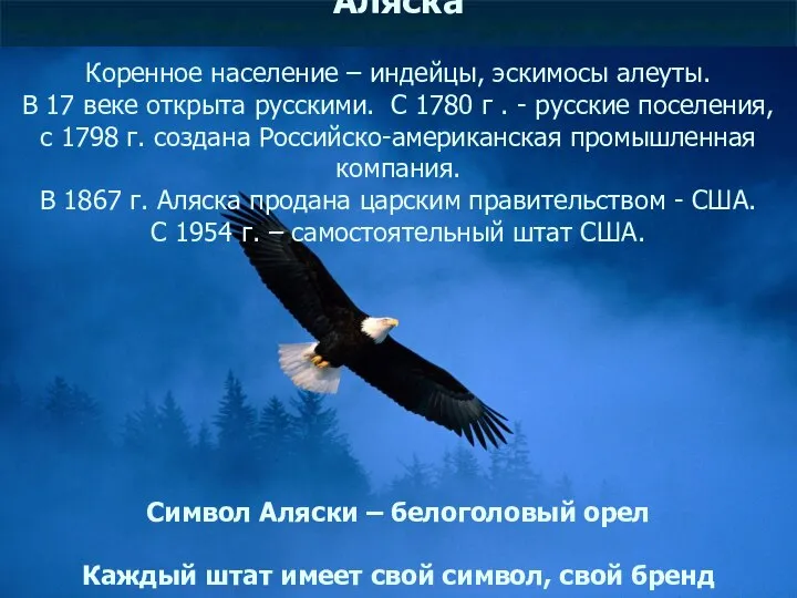 Аляска Коренное население – индейцы, эскимосы алеуты. В 17 веке открыта