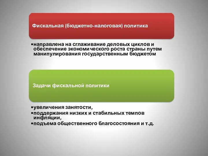 Фискальная (бюджетно-налоговая) политика направлена на сглаживание деловых циклов и обеспечение экономического