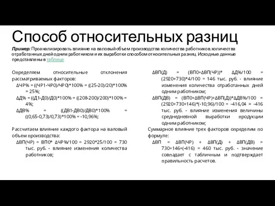 Способ относительных разниц Пример: Проанализировать влияние на валовый объем производства количества