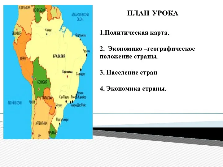 1.Политическая карта. 2. Экономико –географическое положение страны. 3. Население стран 4. Экономика страны. ПЛАН УРОКА