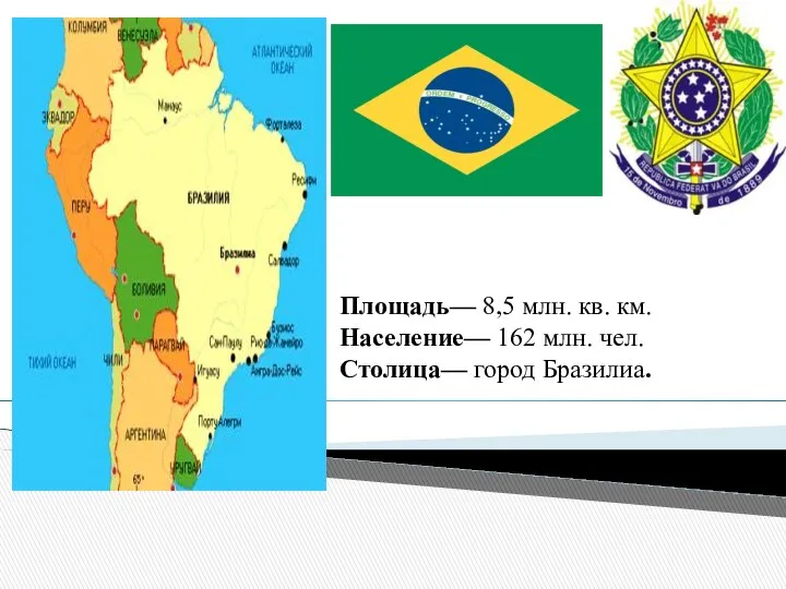 Площадь— 8,5 млн. кв. км. Население— 162 млн. чел. Столица— город Бразилиа.