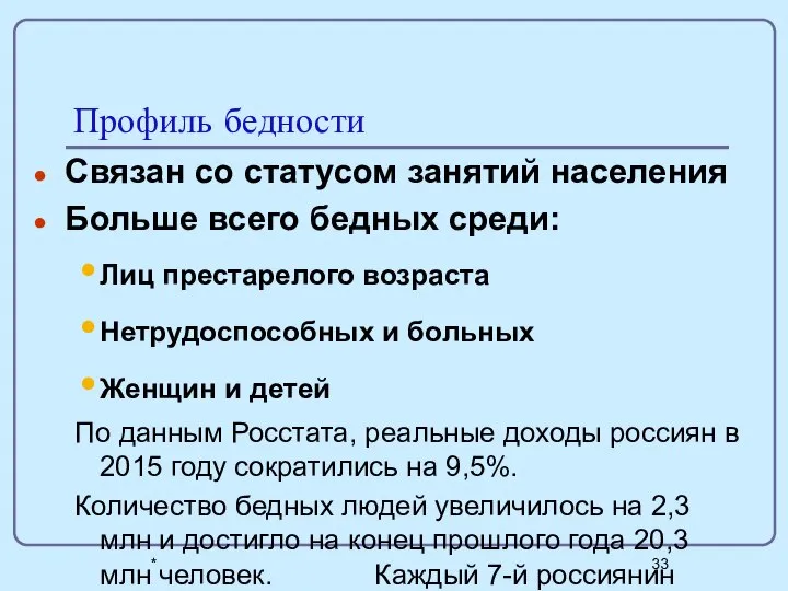 * Профиль бедности Связан со статусом занятий населения Больше всего бедных