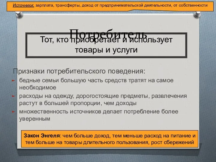 Потребитель Признаки потребительского поведения: бедные семьи большую часть средств тратят на