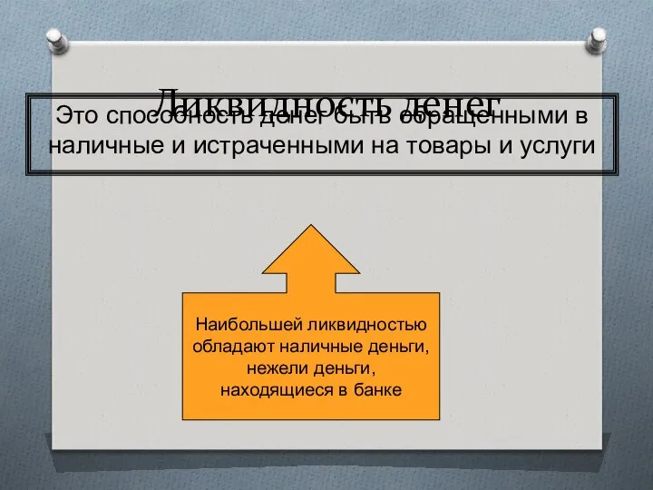 Ликвидность денег Это способность денег быть обращенными в наличные и истраченными