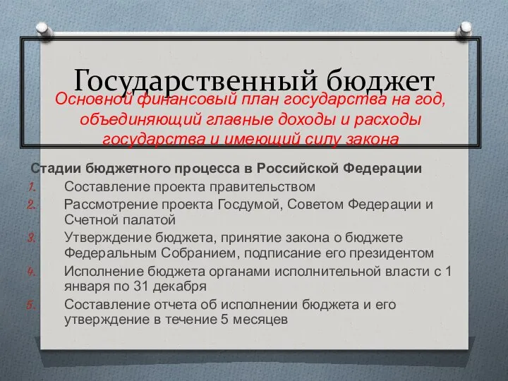 Государственный бюджет Стадии бюджетного процесса в Российской Федерации Составление проекта правительством