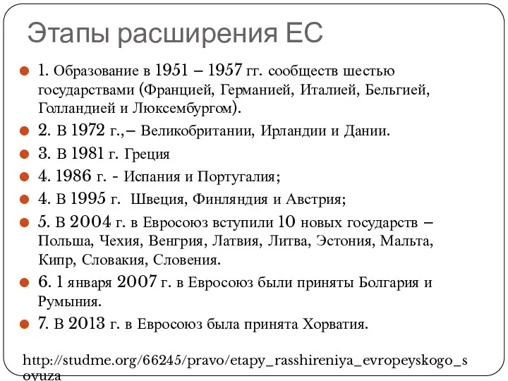 Этапы расширения ЕС 1. Образование в 1951 – 1957 гг. сообществ