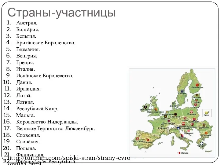 Страны-участницы Австрия. Болгария. Бельгия. Британское Королевство. Германия. Венгрия. Греция. Италия. Испанское