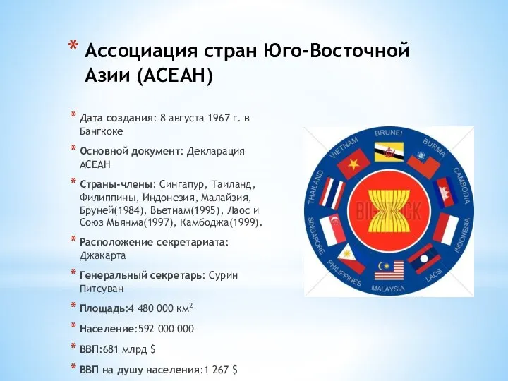 Ассоциация стран Юго-Восточной Азии (АСЕАН) Дата создания: 8 августа 1967 г.